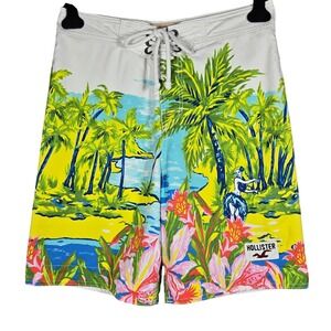 Hollister Hula Girl Board Shorts Mens Small White Tropical Y2K Surf Swim Trunks